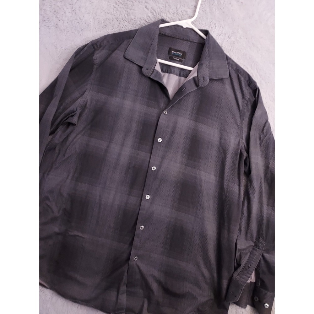 Bugatchi Shirt Mens 2XL XXL OoohCotton Tech 8 Way Stretch Shadow Plaid Gray Prep